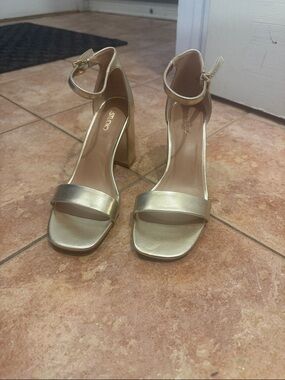 Metallic Gold Block Heel Ankle-Strap Sandals